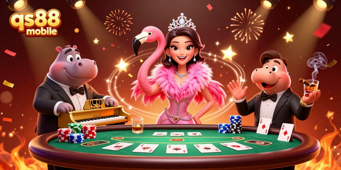 Play exciting games at qs88 mobile with a vibrant casino scene featuring poker chips and lively characters.