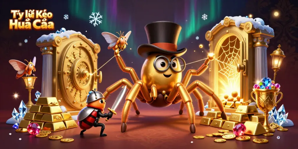 Tỷ lệ Kèo Nhà Cái scene with a golden tarantula and a beetle knight amidst jewels and treasure in a vibrant casino.