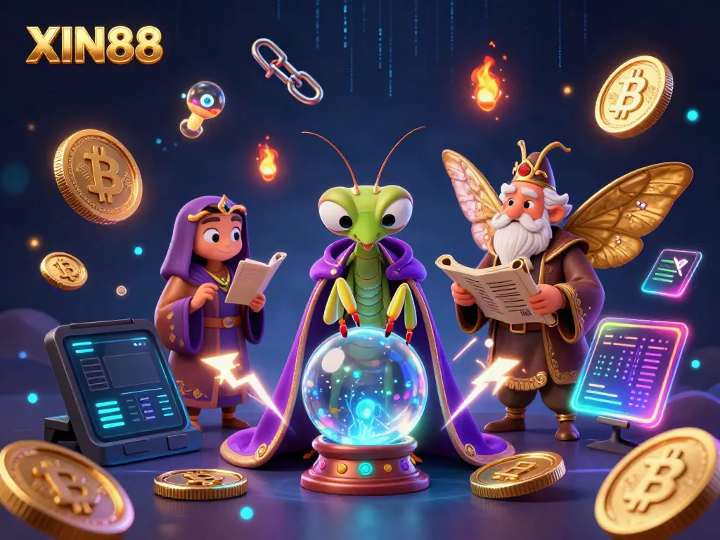 XIN88 showcases a vibrant 3D illustration with characters symbolizing fortune-telling and gaming finance amid a mystical atmosphere.