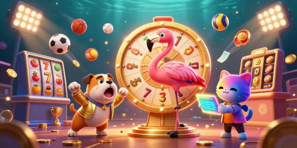 Experience excitement with sumsel toto as a game show host spins a vibrant golden prize wheel surrounded by casino elements.