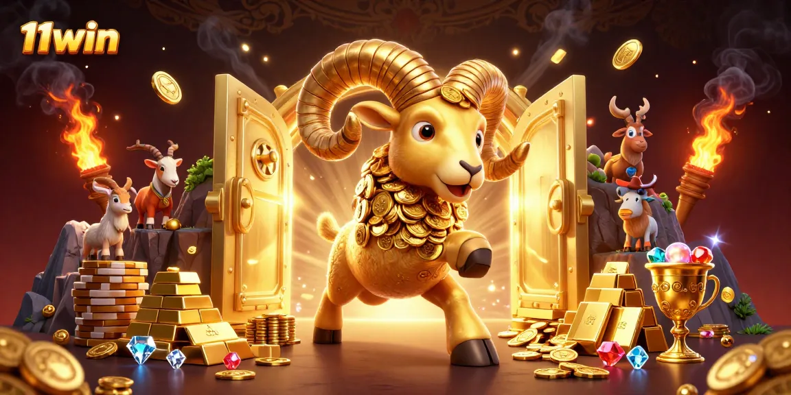 Engage with exhilarating wins at 11win featuring a golden ram charging through a treasure-filled casino scene.