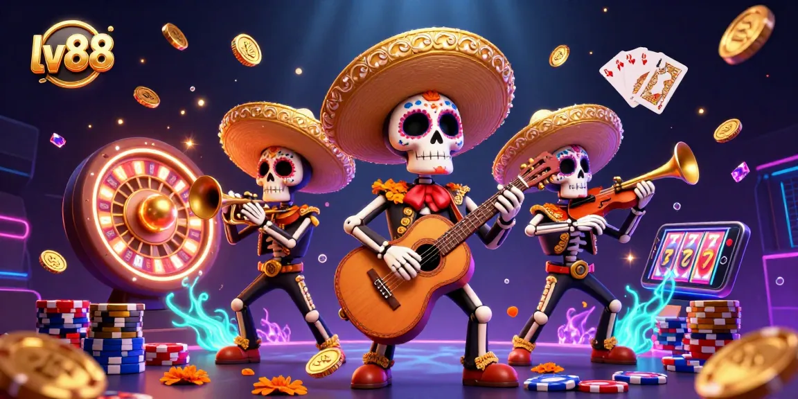 Experience the excitement of lv88 with a vibrant mariachi band surrounded by casino elements and golden coins.