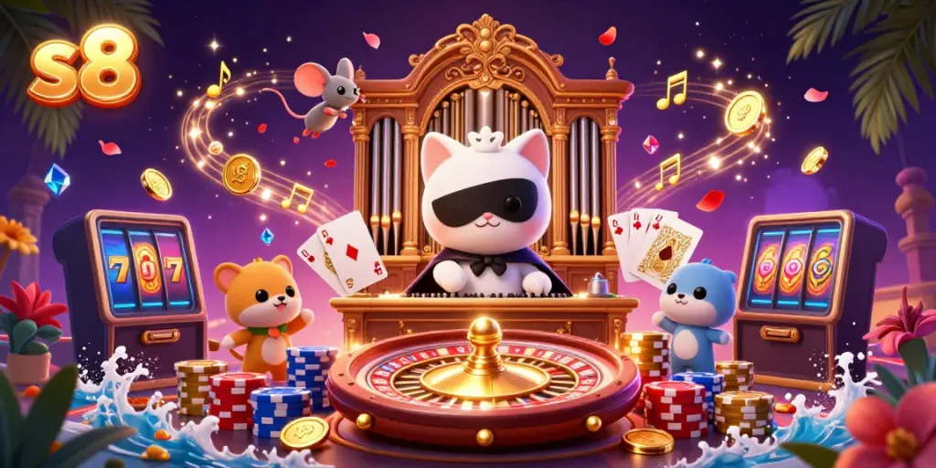 Experience thrilling wins at s8 with a cartoon cat at a casino organ amidst golden coins and vibrant game elements.
