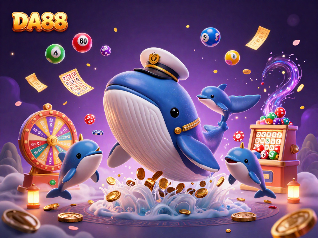 Engage with DA88's colorful fantasy casino world featuring a whale, narwhal, and playful dolphins.