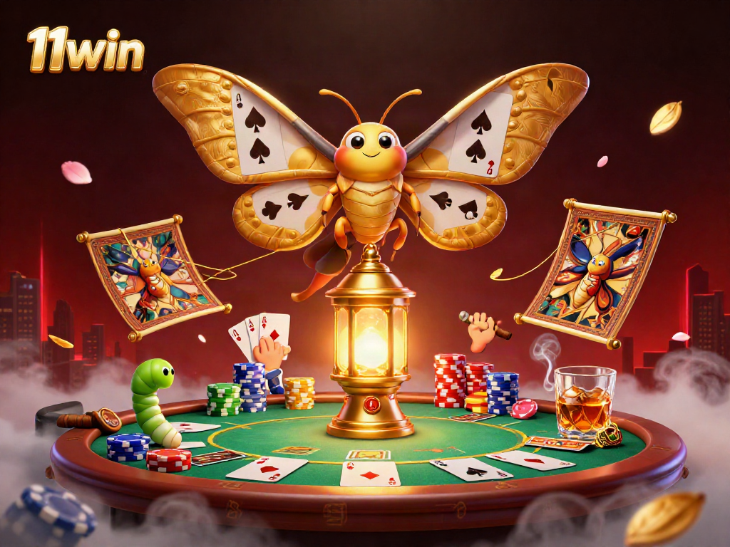 Engage with the captivating scenes of 11win through this vibrant casino illustration featuring dynamic poker elements.