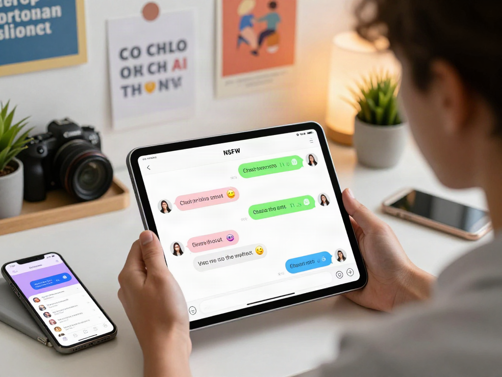 Engaging NSFW AI chat displayed on a tablet showing playful dialogues, vibrant workspace.