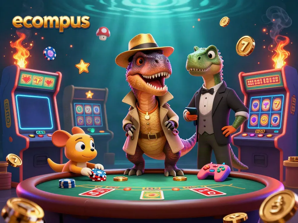 Engage with ecompus while a velociraptor card counter attempts to bluff a stegosaurus pit boss at a lively casino blackjack table.