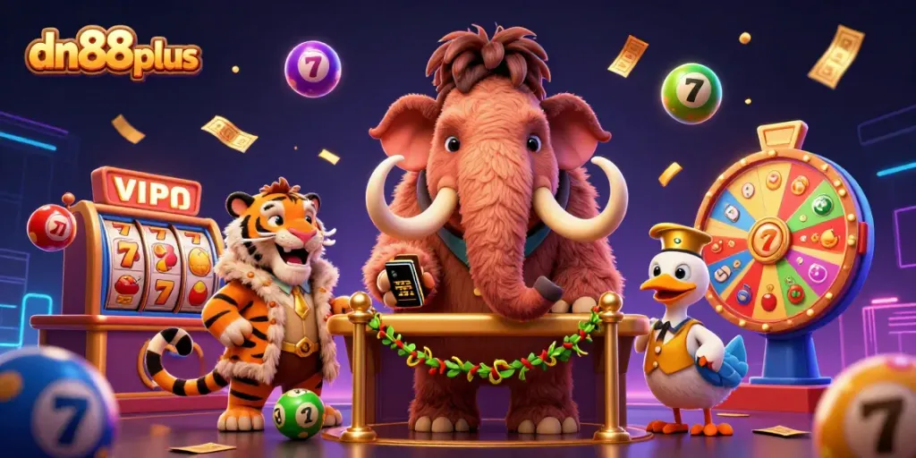 Win big with dn88plus in an exciting casino scene featuring a woolly mammoth bouncer and dynamic gameplay elements.