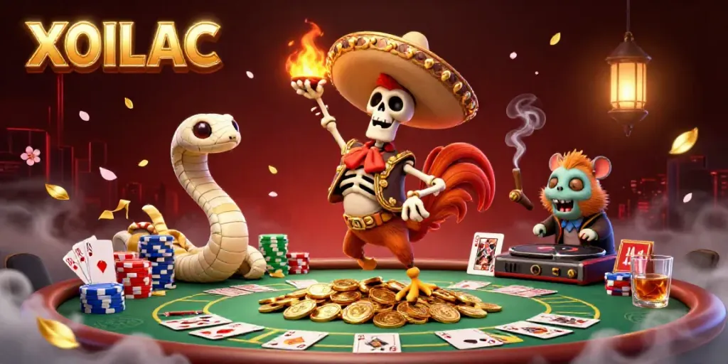Watch the dynamic victory dance of the XOILAC mascot among casino-themed elements, full of vibrant colors.