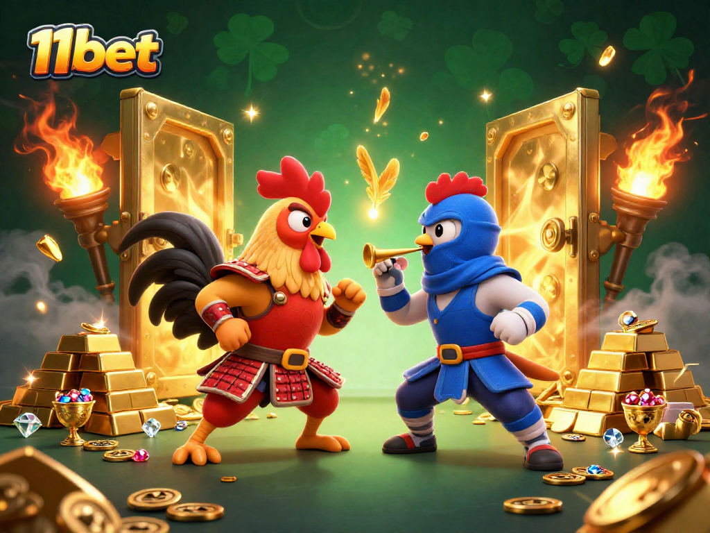 Engage with the thrilling standoff of 11bet's fighting roosters amidst dazzling treasures.