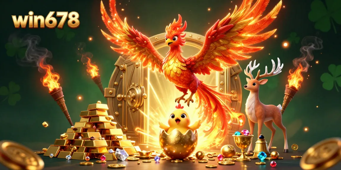 Experience win678's vibrant gaming atmosphere with a mystical phoenix and treasures of chance.