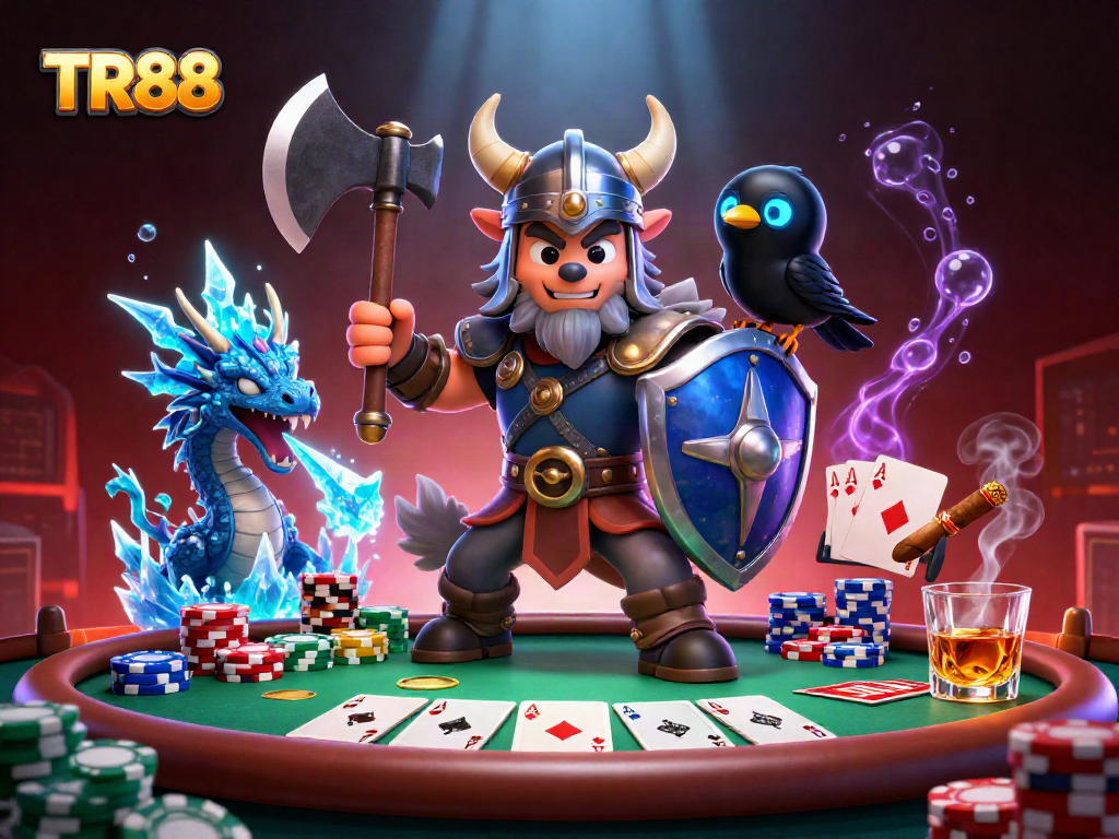 Experience TR88 thrills at a vibrant casino scene with a Viking wolf warrior and dragon.