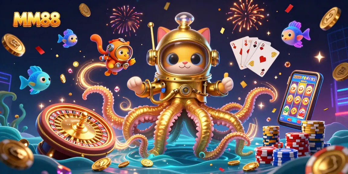 MM88 engages players in an exciting game with a kraken, diving cat, and sparkling casino elements.