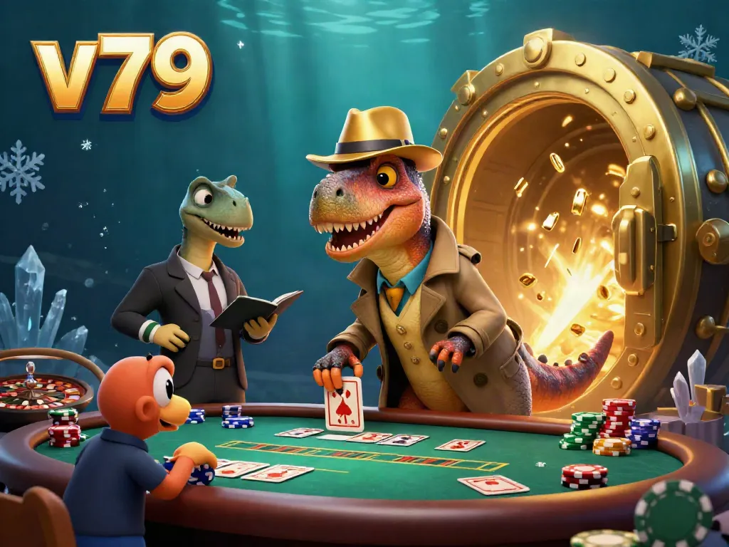 Experience thrilling gameplay at v79's casino with velociraptor characters in a vibrant blackjack scene.