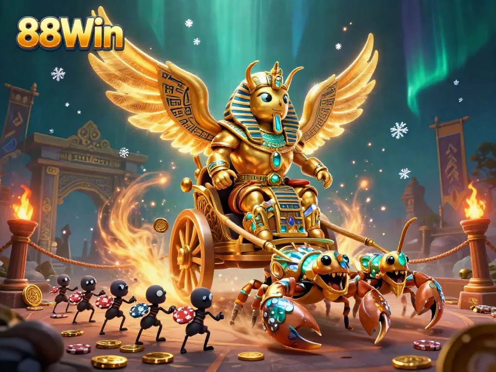 Experience thrilling wins with 88Win's colorful gaming adventure featuring a colossal scarab and poker chips.