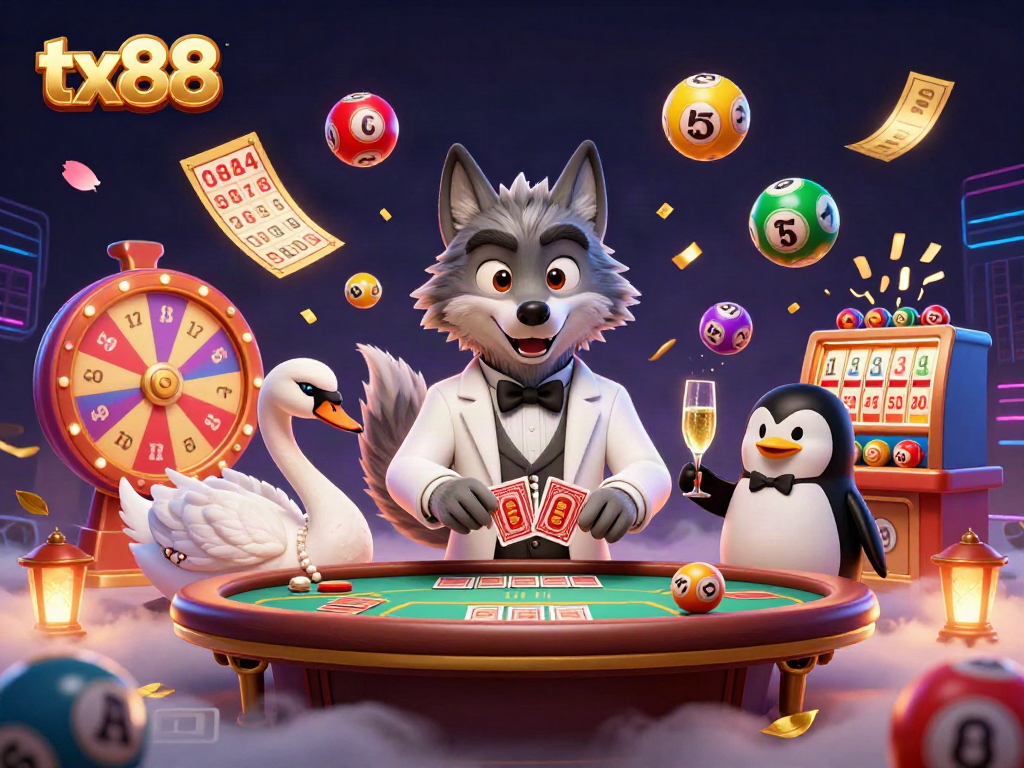 Experience thrilling wins with tx88, featuring a debonair wolf, elegant swan, and penguin sommelier in a dynamic casino setting.