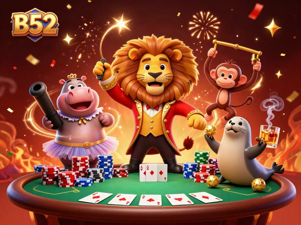 Experience the excitement of B52 casino games with a vibrant illustration featuring lively characters and poker elements.