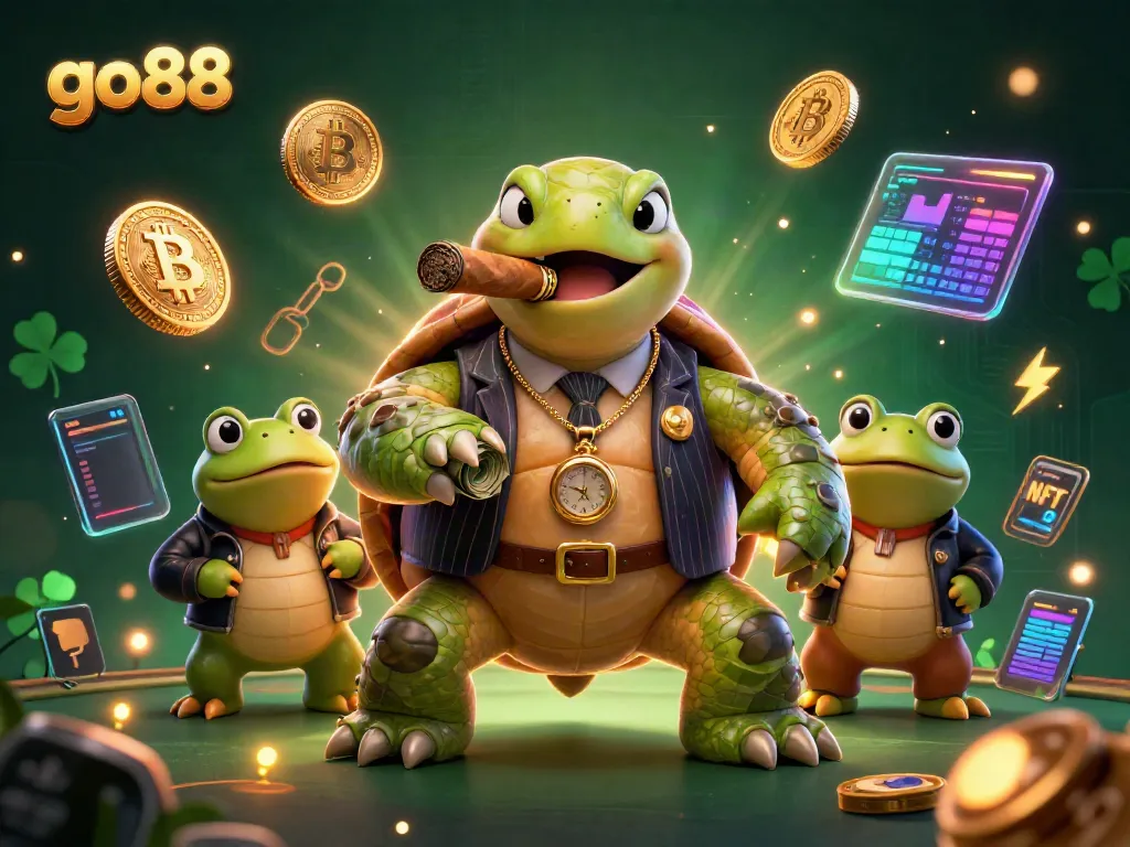 Engage with go88's vibrant casino experience featuring a bold turtle and frog enforcers surrounded by crypto coins.