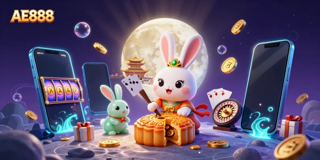 Experience the vibrant world of AE888 casino with a moon rabbit, gaming elements, and stunning visuals.