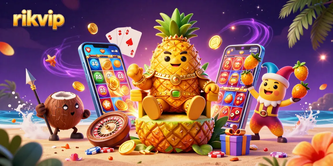 Experience thrilling slots at rikvip with the golden pineapple king and vibrant casino elements.