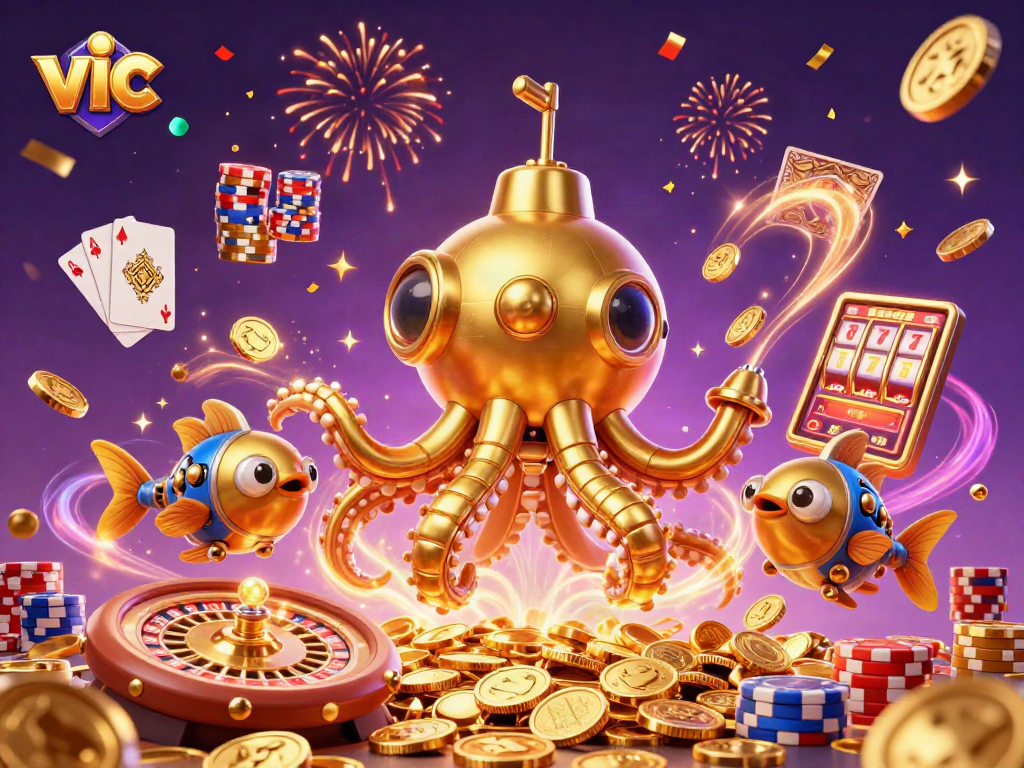 Vic-themed 3D illustration of a kraken submarine amidst gold coins, showcasing festive casino elements.