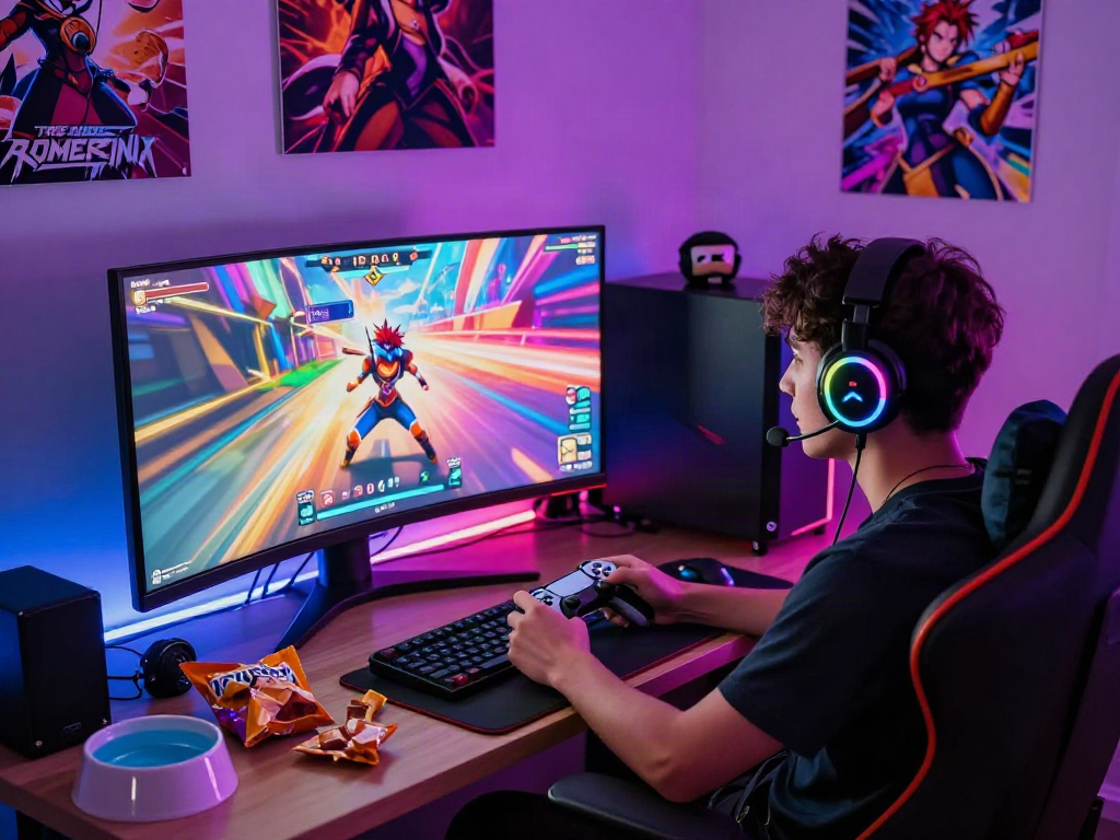 Player fully engaged in a captivating hentai game within a colorful gaming setup