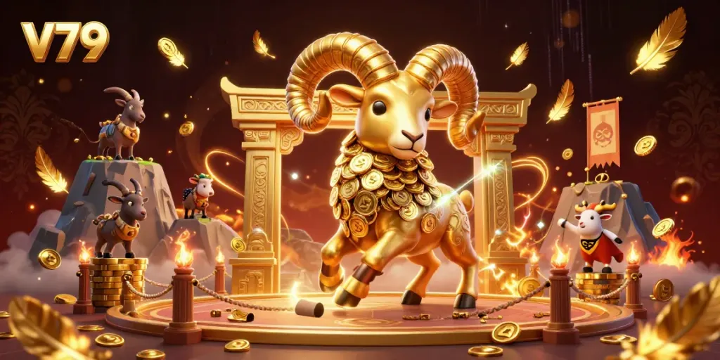 Experience thrilling excitement with v79's golden ram charging through a casino scene filled with vibrant game elements.