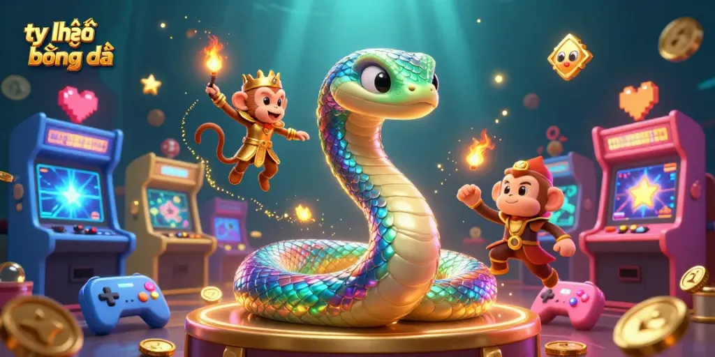 Bet on tỷ lệ bóng đá with vibrant visuals of snake and monkey king in a dynamic gambling scene.