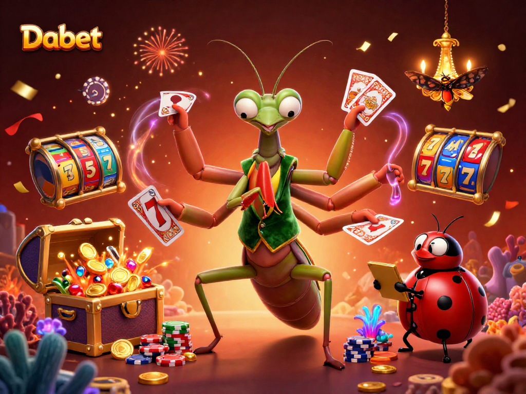 Dabet players explore thrilling slot games with vibrant jackpot scenes and engaging characters.