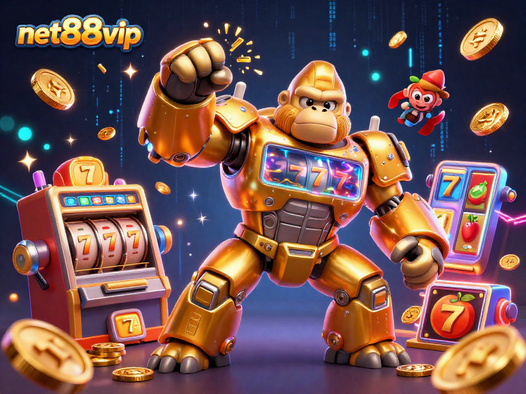 Experience thrills with net88vip's golden gorilla mech executing jackpot moves in a captivating 3D casino scene.