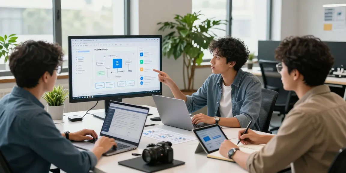 Collaborative workspace showing a team building internal tools with AI, focusing on innovation and teamwork in a modern tech office.