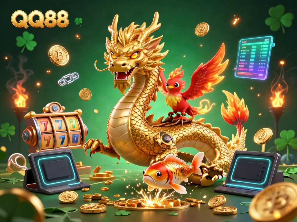 Experience the excitement at QQ88, with dazzling golden dragon, vibrant phoenix, and leaping koi, symbolizing winning moments in gaming.