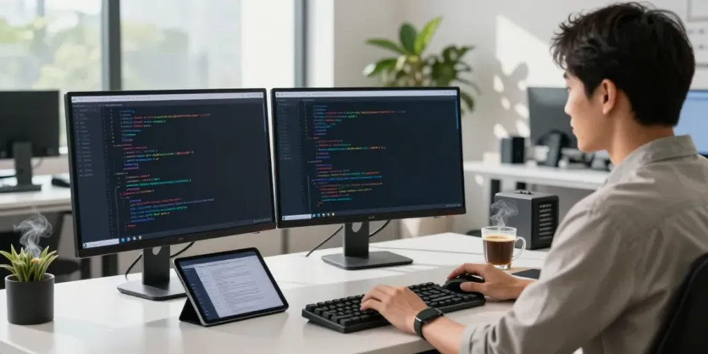 Developer optimizing instant indexing processes in a modern workspace.