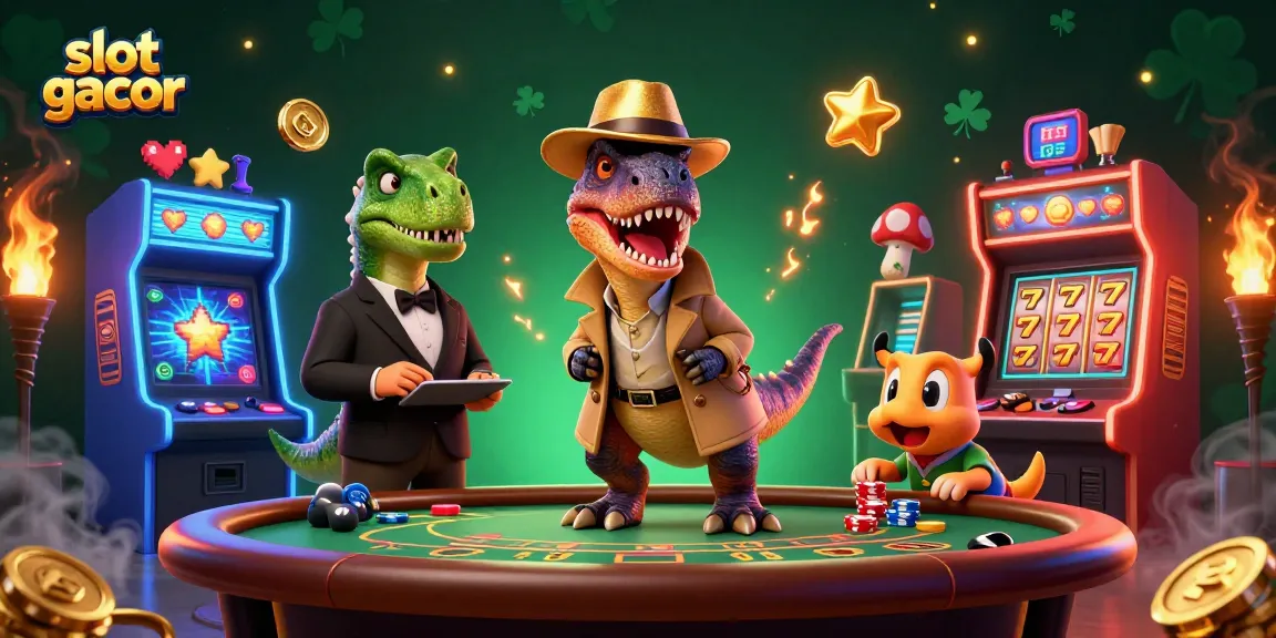 Experience thrilling slot gacor action with a clever velociraptor in a casino setting, amidst vibrant gaming elements.