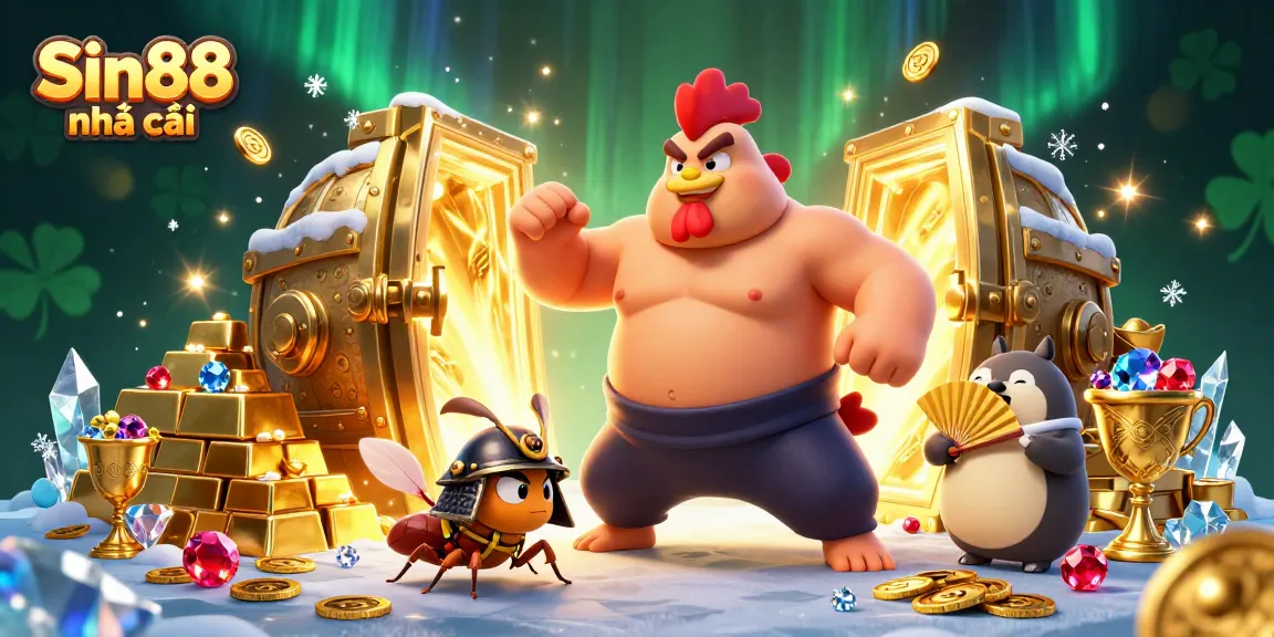 Bet on Sin88 nhà cái with a vibrant casino-themed 3D illustration featuring iconic characters and treasures.