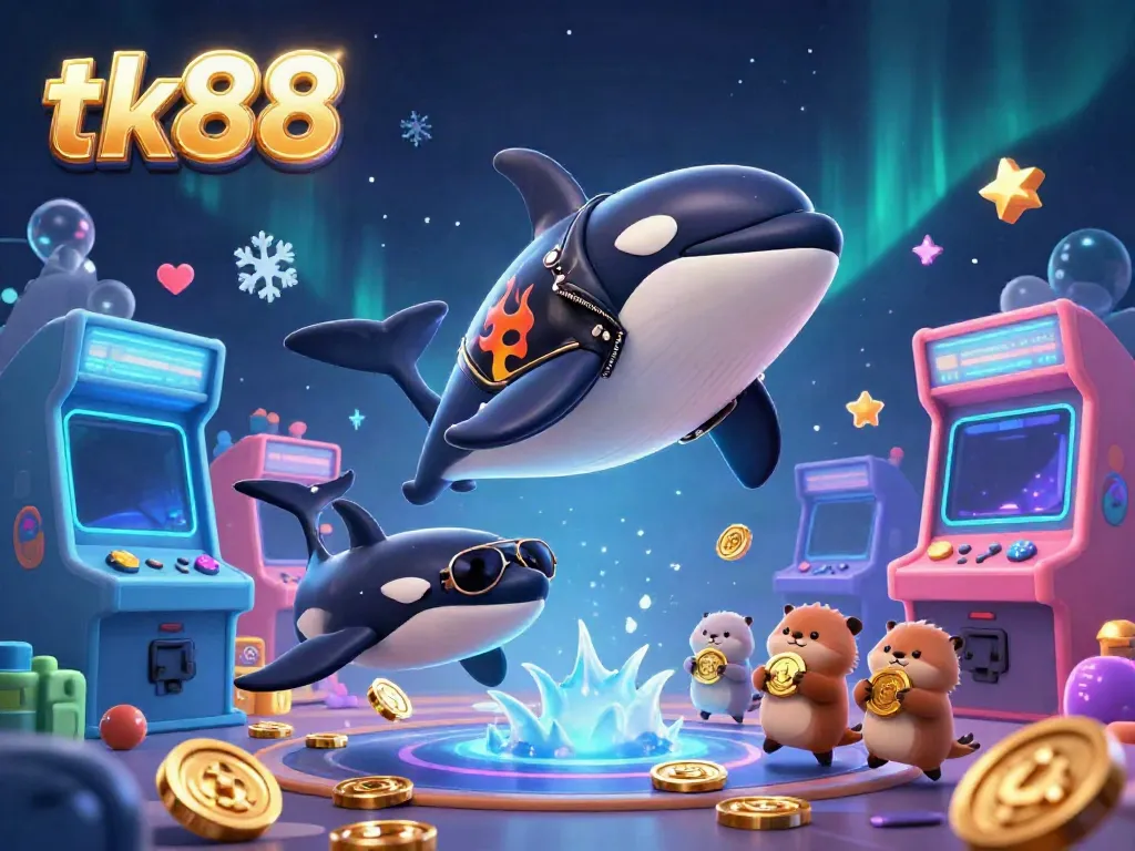 Engage with the thrilling atmosphere of tk88 featuring colorful 3D machines and charismatic sea creatures celebrating casino success.