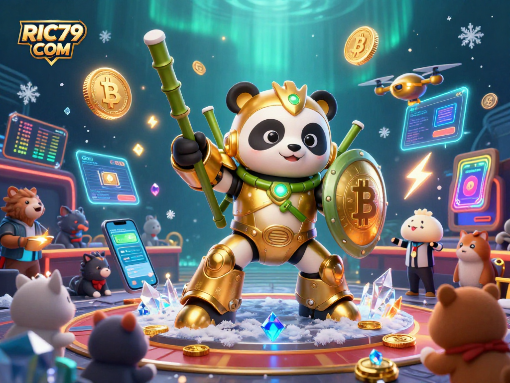 Experience thrilling gameplay at RIC79 COM, where a golden panda battles in a dynamic crypto casino.
