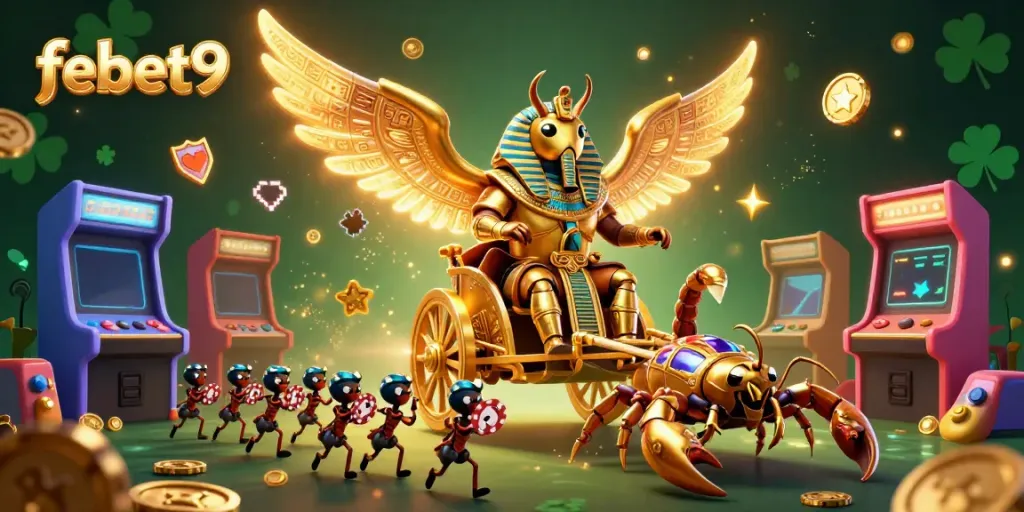 Experience the thrill of febet9 with vibrant gaming action featuring a golden scarab and scorpions in a lively casino setting.