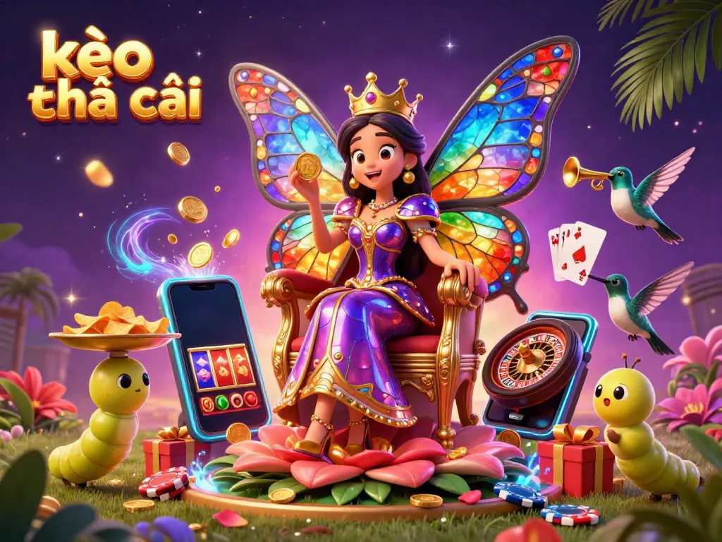 Engage in the excitement of kèo nhà cái with this vibrant sports betting scene featuring a butterfly queen and golden chips.