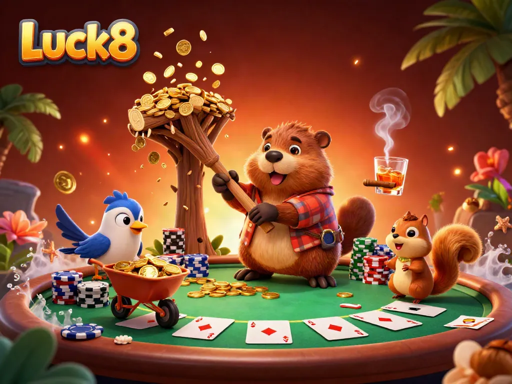 Luck8 cartoon illustration showcasing a lively gaming scene with gold coins raining down and poker elements.