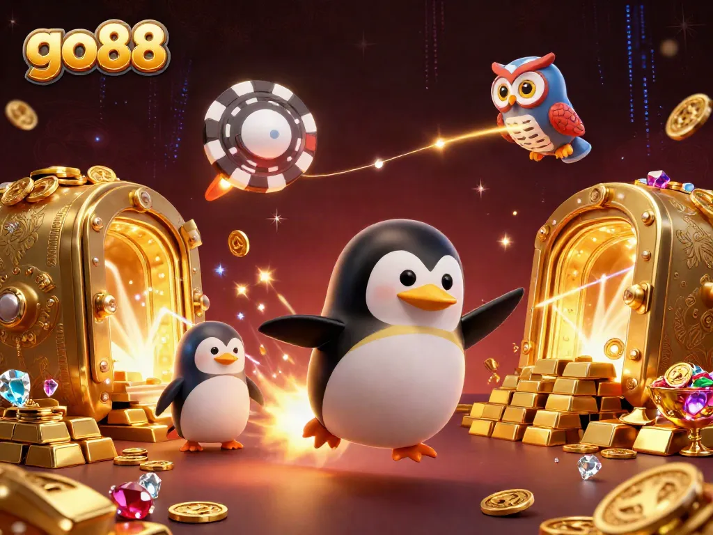 Experience thrilling games at go88 with a vibrant 3D scene of a golden penguin flying towards a poker chip-shaped casino.