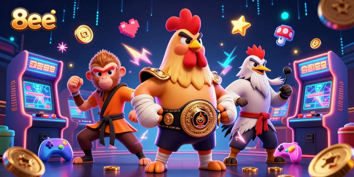 Experience thrilling action at 8eee with dynamic colorful characters and casino elements.