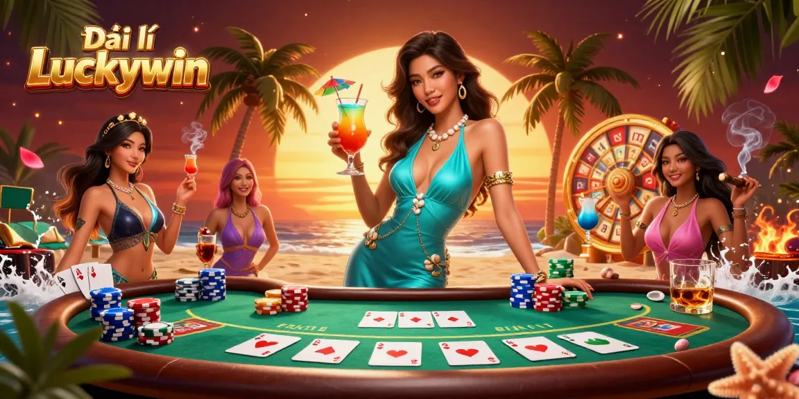 Experience thrilling gaming with Đại lý Luckywin, showcasing an exciting beach casino scene with vibrant poker elements.
