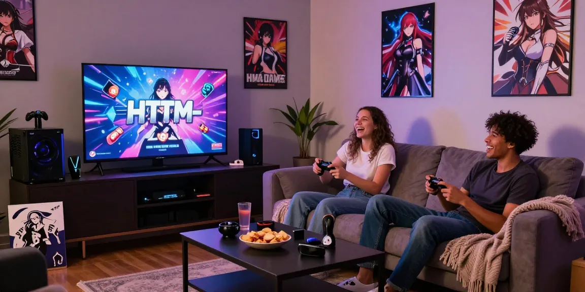 Gamers enjoying hentai games HTML in a cozy gaming lounge, with controllers and vibrant graphics.