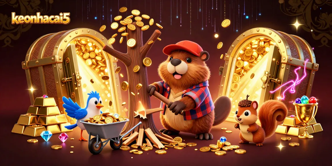 Cheerfully collect gold coins with keonhacai5 in a vibrant casino themed illustration.