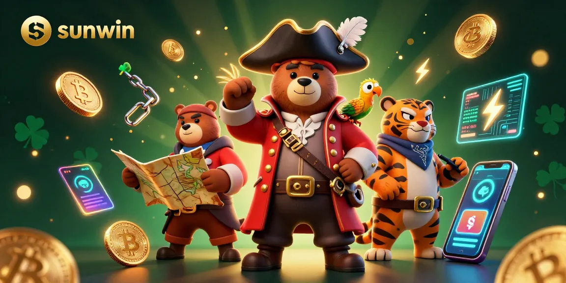 Experience thrilling gameplay at sunwin with vibrant digital casino characters and neon crypto coins.