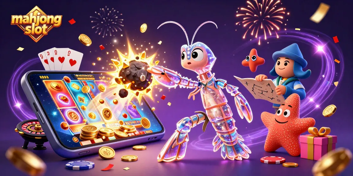 Experience mahjong slot excitement with a galactic shrimp and starfish in a dynamic casino scene.
