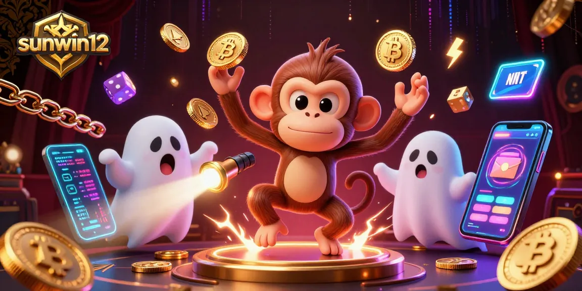 Experience thrilling moments with sunwin12 in a haunted casino adventure featuring a playful monkey and curious puppy.