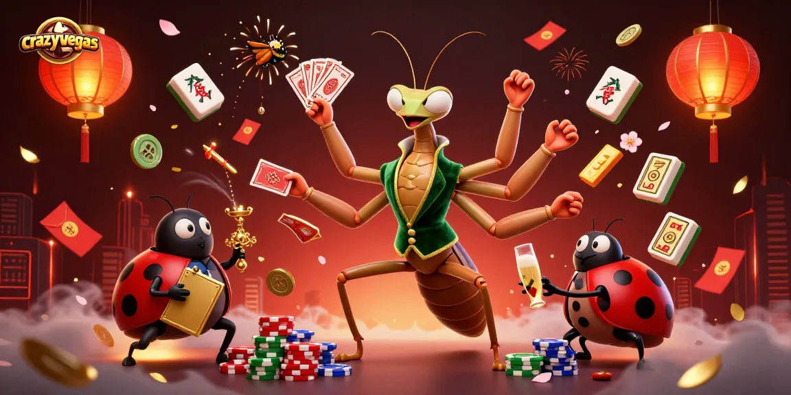Join the action at crazyvegas as the mantis card sharp deals cards amidst vibrant casino elements.