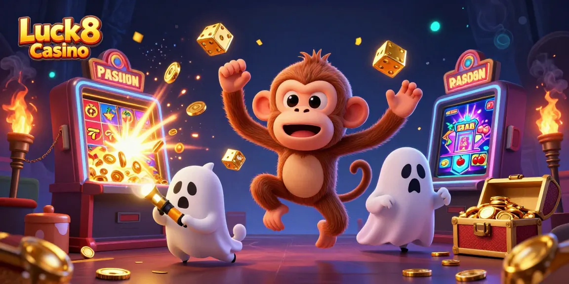 Experience the thrill at Luck8 Casino with a playful poltergeist monkey and ghost-hunter puppy amidst a jackpot explosion.